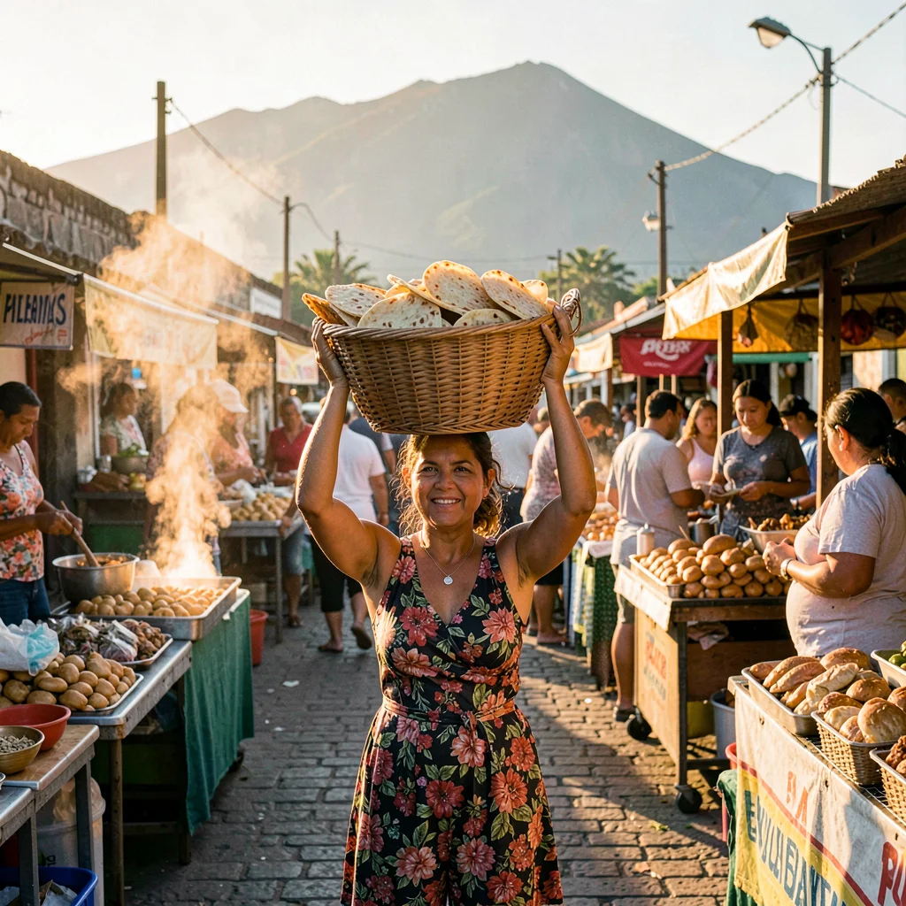 Pupusería golden hour in El Salvador, A woman carrying a basket of pupusas on he