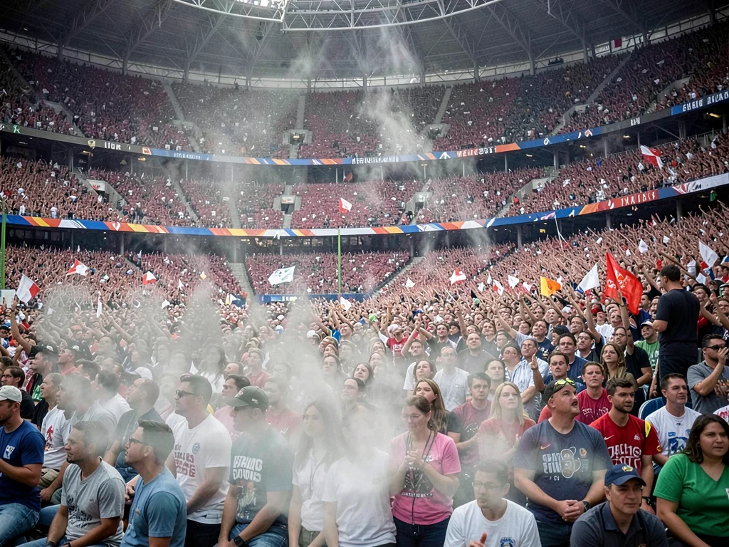 Stadium with one quarter of fan movement ghosted into translucent crowd