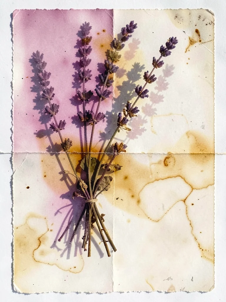 Lavender sprigs bundled and pressed, oil staining paper creating unique color re