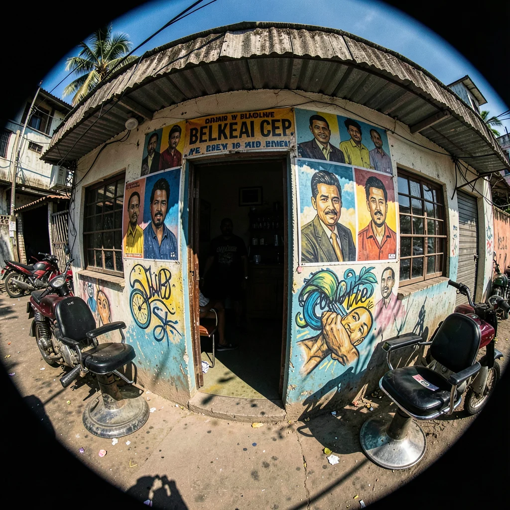 Harsh equatorial noon light casting deep shadows, Barber shop exterior with pain
