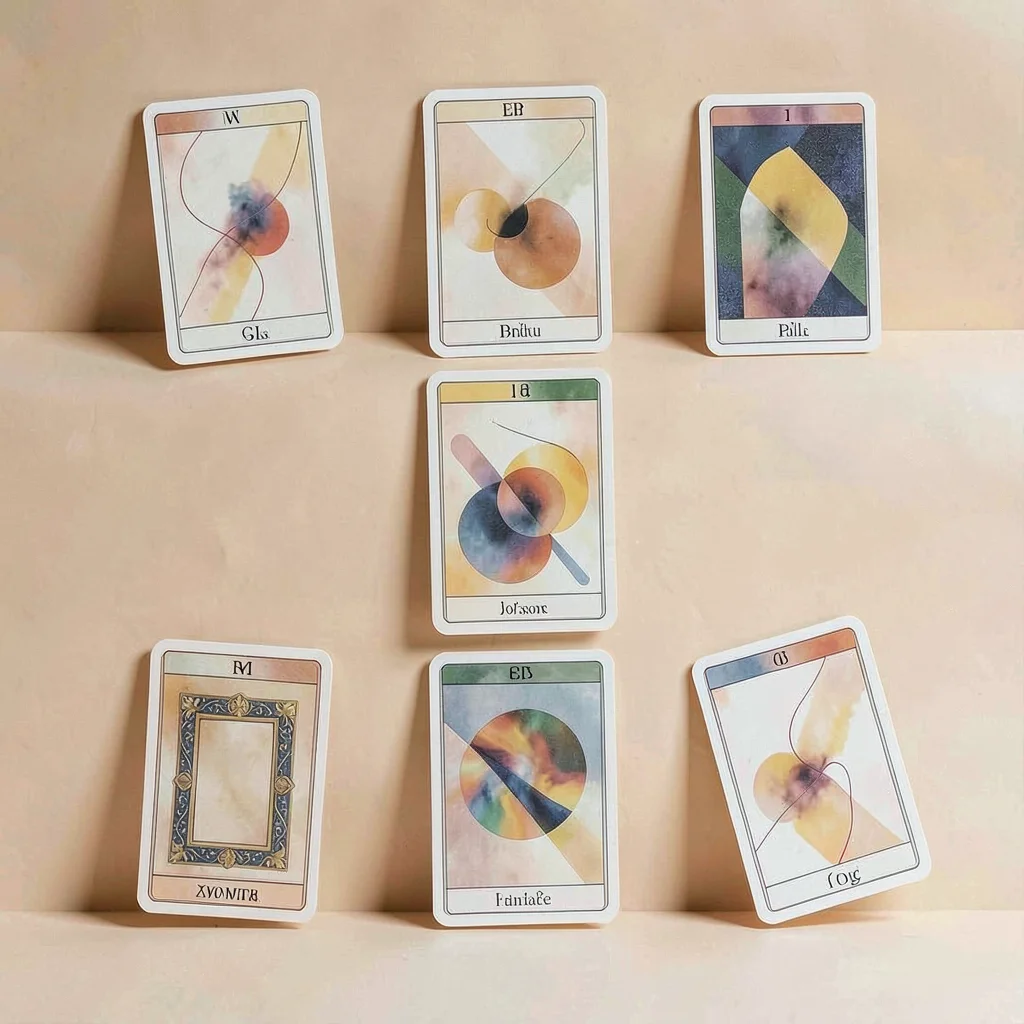 A 4x2 grid of abstract tarot-card backs on a soft warm backdrop, backs slightly 