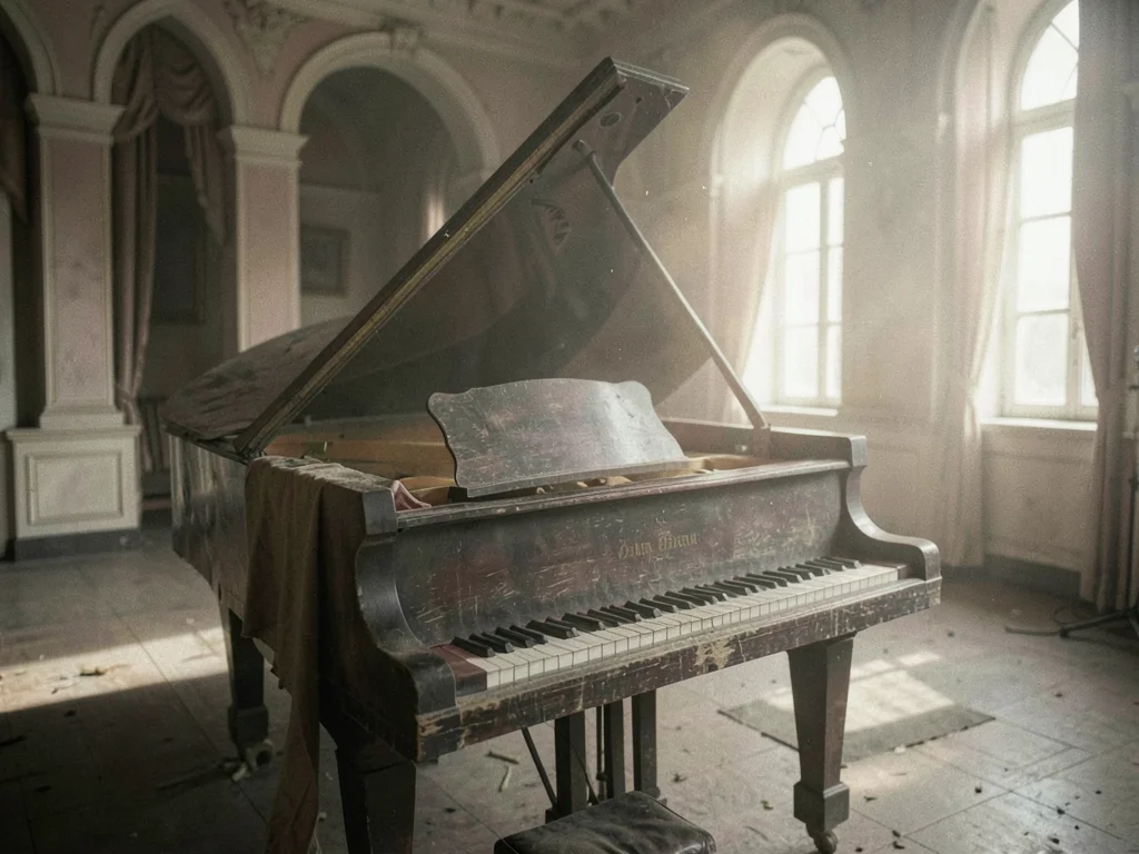 Abandoned grand piano in a dusty ballroom, morning light catching the keys no on