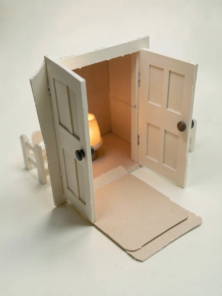 A small papercraft door wide open with a paper welcome mat folded out, a tiny la