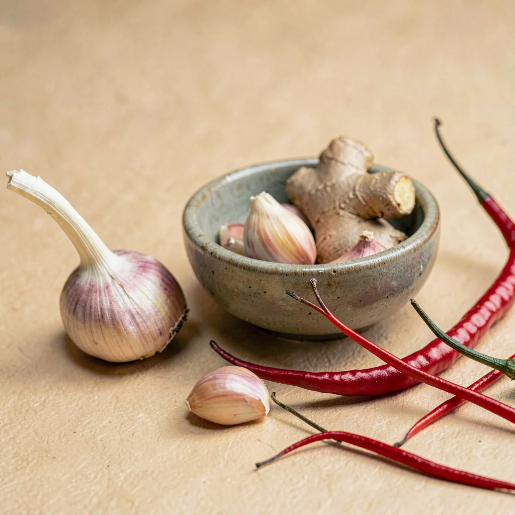 Warm paper composition of garlic cloves, ginger knob, and chili threads scattere