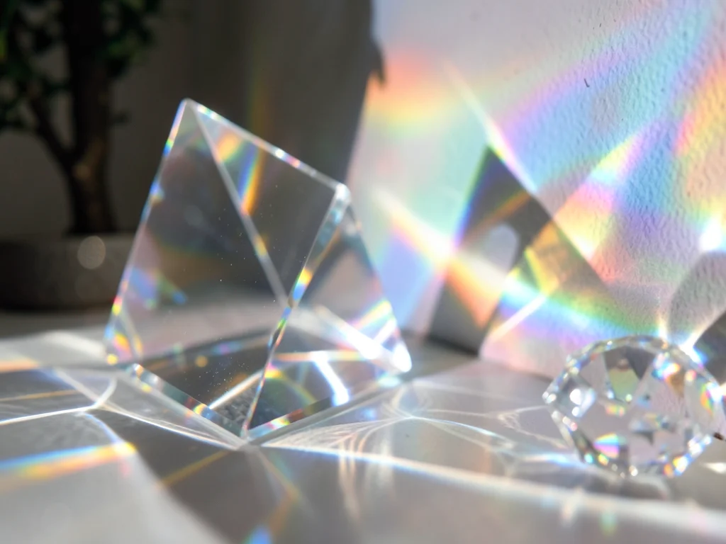 Light through crystal ornament casting rainbow spectrum on wall beside tree