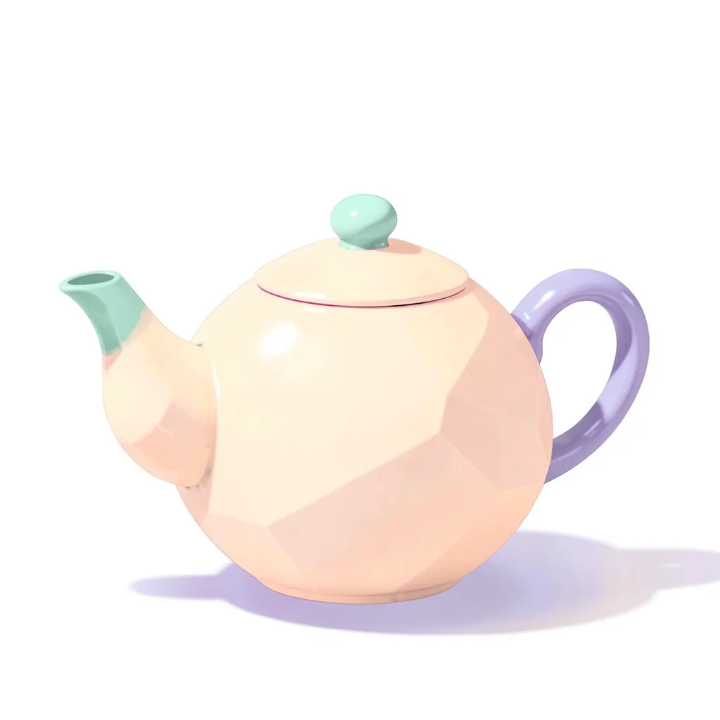 Round peach-toned lowpoly teapot with a chunky mint spout and lavender handle, t