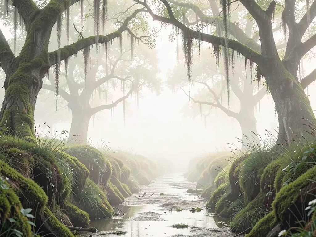 Sunken country lane between mossy banks, the canopy dripping, the lane curving i
