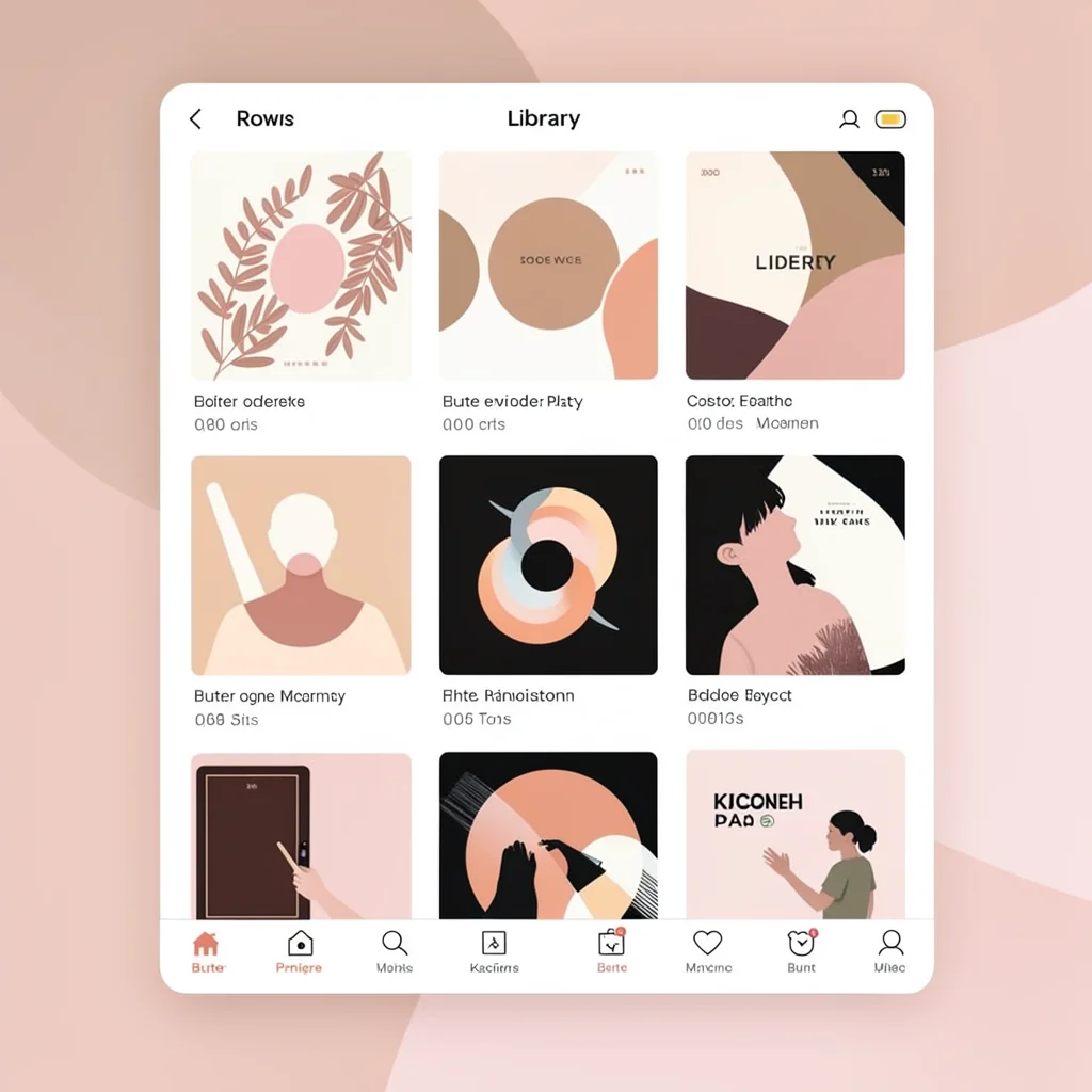Flat UI app store screenshot of a library browse screen, grid of abstract album-