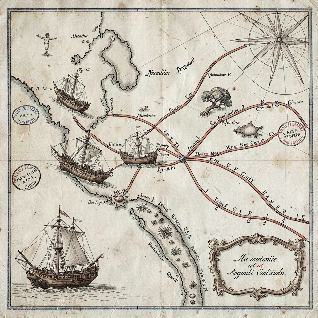 A Renaissance trade-route map across the imagined Mediterranean with merchant-ga