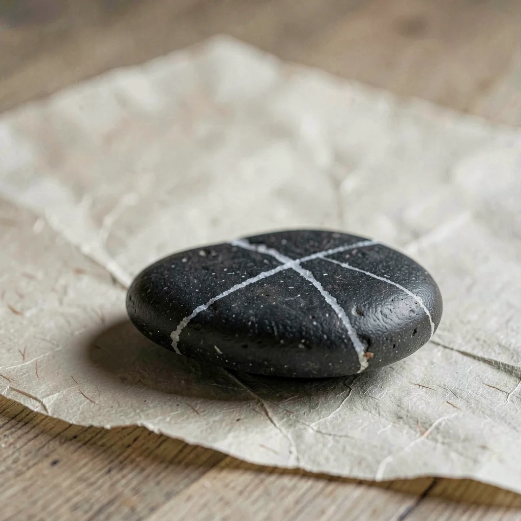 A solitary smooth black river stone with white quartz vein resting on hand-deckl