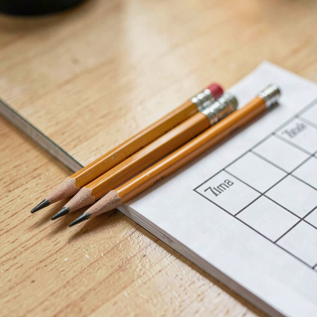 Macro of three sharpened pencils and a paper checklist on a desk corner