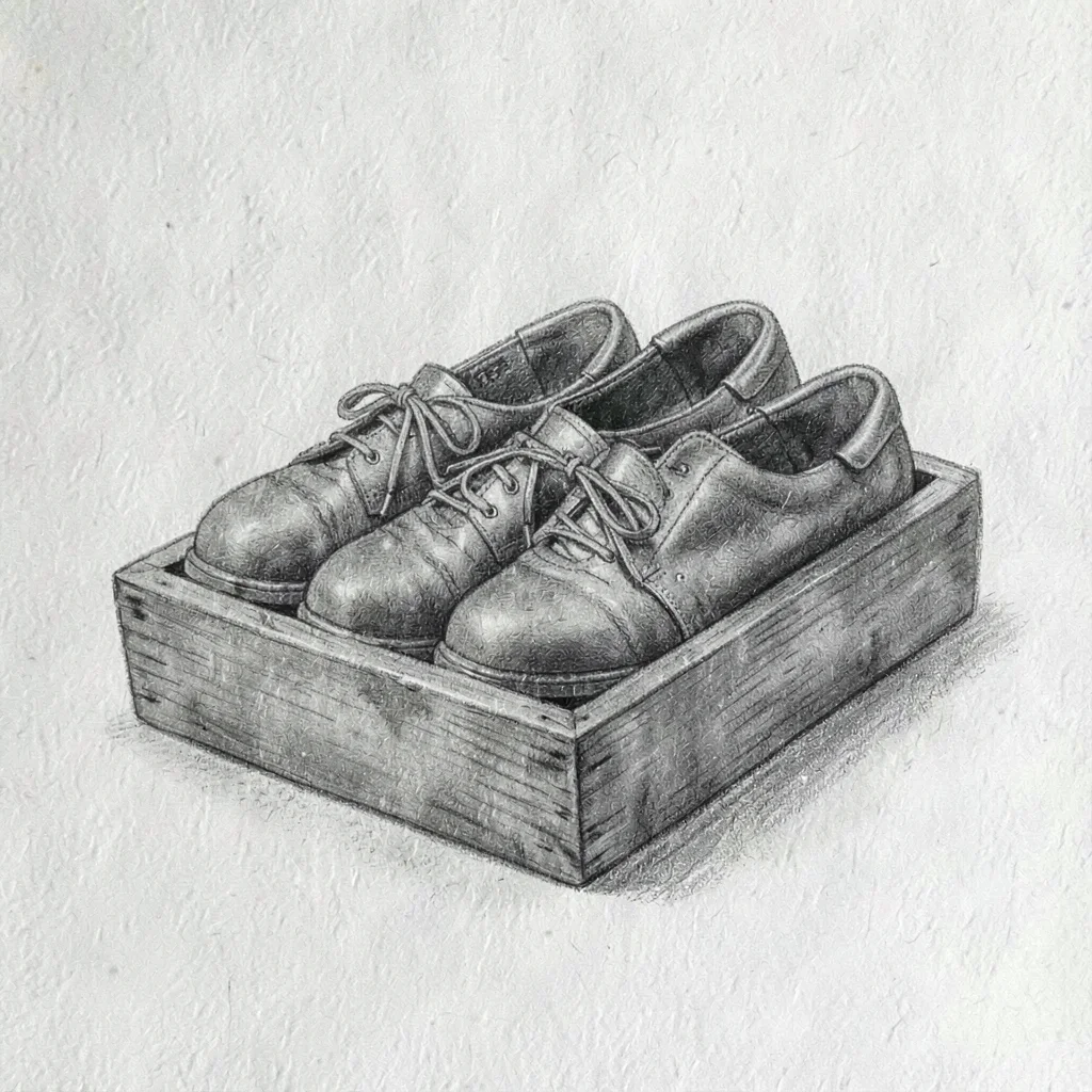 Charcoal study of a tray of foley shoes lined up, archival paper grain