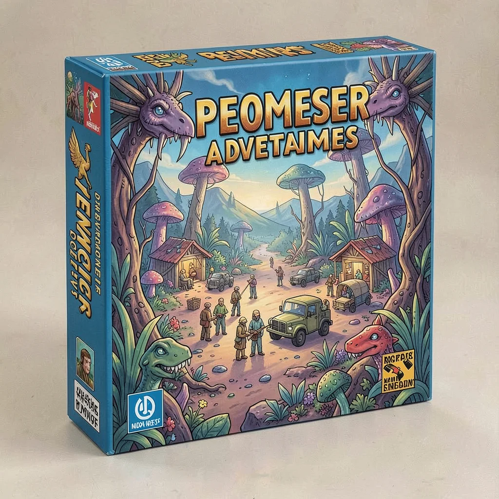 Board game box illustration, a colony on an alien world, settlers building along