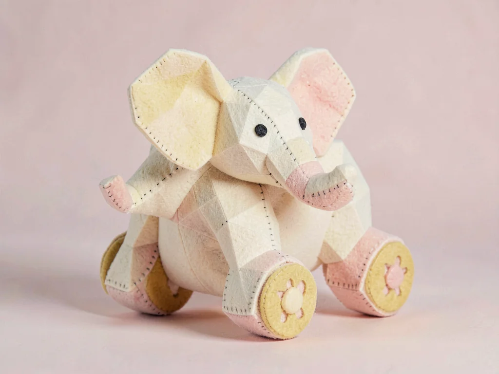 Wheeled cream felt lowpoly stuffed elephant pull-toy with butter wheel-buttons u