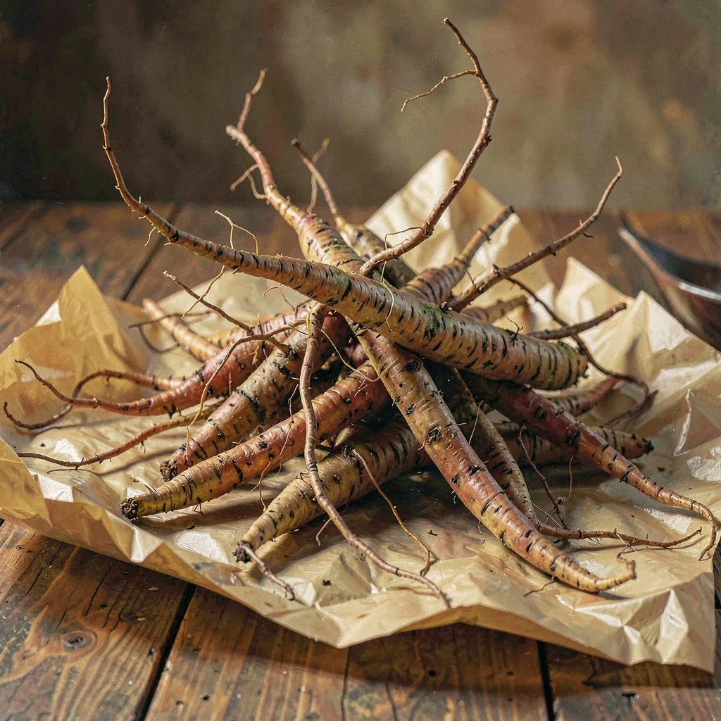 warm still-life of a pile of dried roots on parchment paper, painterly mood