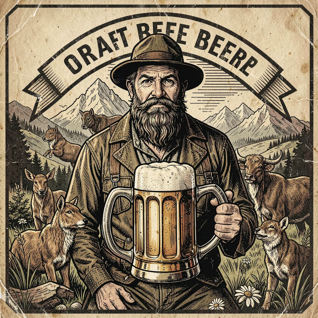 Craft beer label illustration, Bearded mountain man with beer stein , brewery la