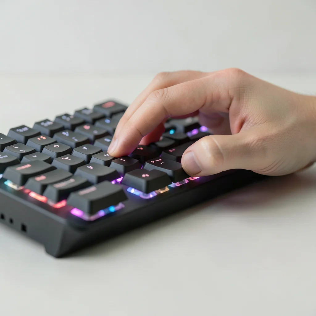 Close-up of fingers typing on a mechanical keyboard with RGB backlighting