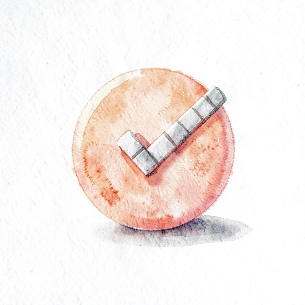 small geometric checkmark badge with a coral disc behind, soft drop shadow forwa