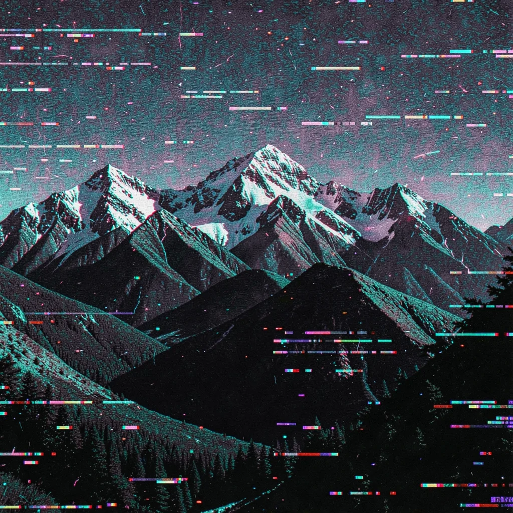 Glitch art illustration, mountain landscape datamoshed , digital corruption arti
