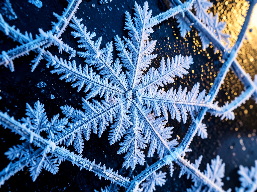 Hoar frost coating every surface of a wire fence, crystalline white fur
