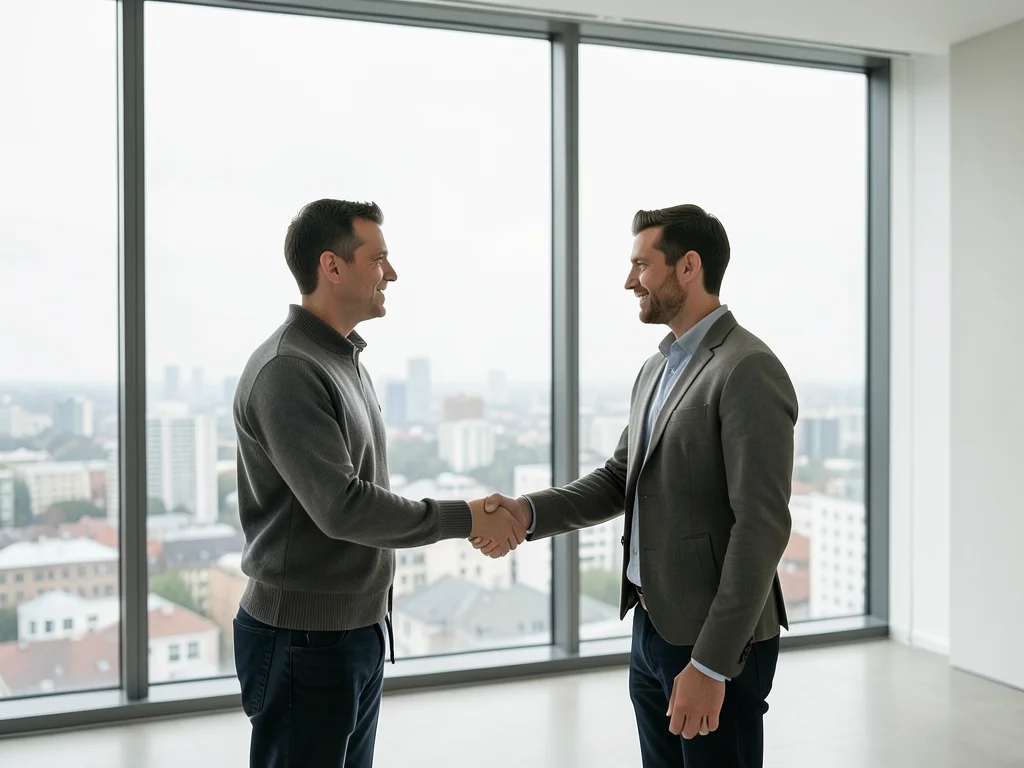 Two colleagues shaking hands in front of a floor-to-ceiling window overlooking a