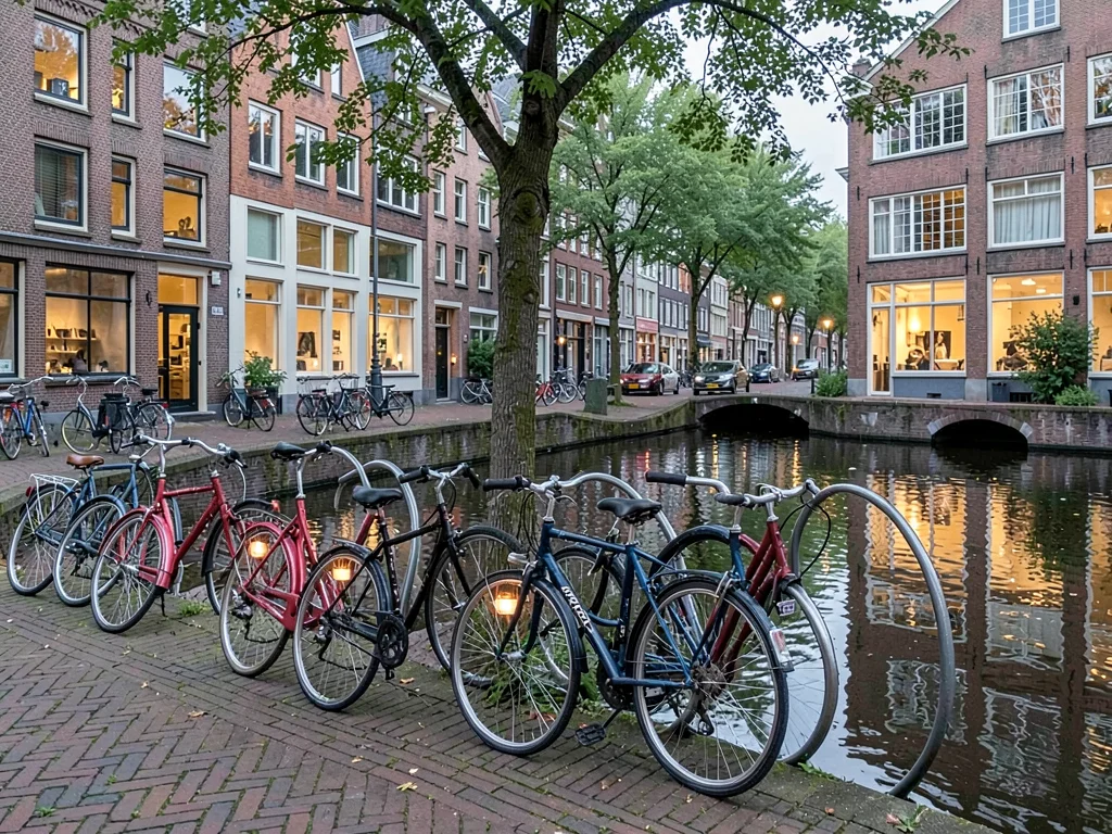 Bicycle rhythm through Copenhagen, a row of parked bicycles along a canal, their