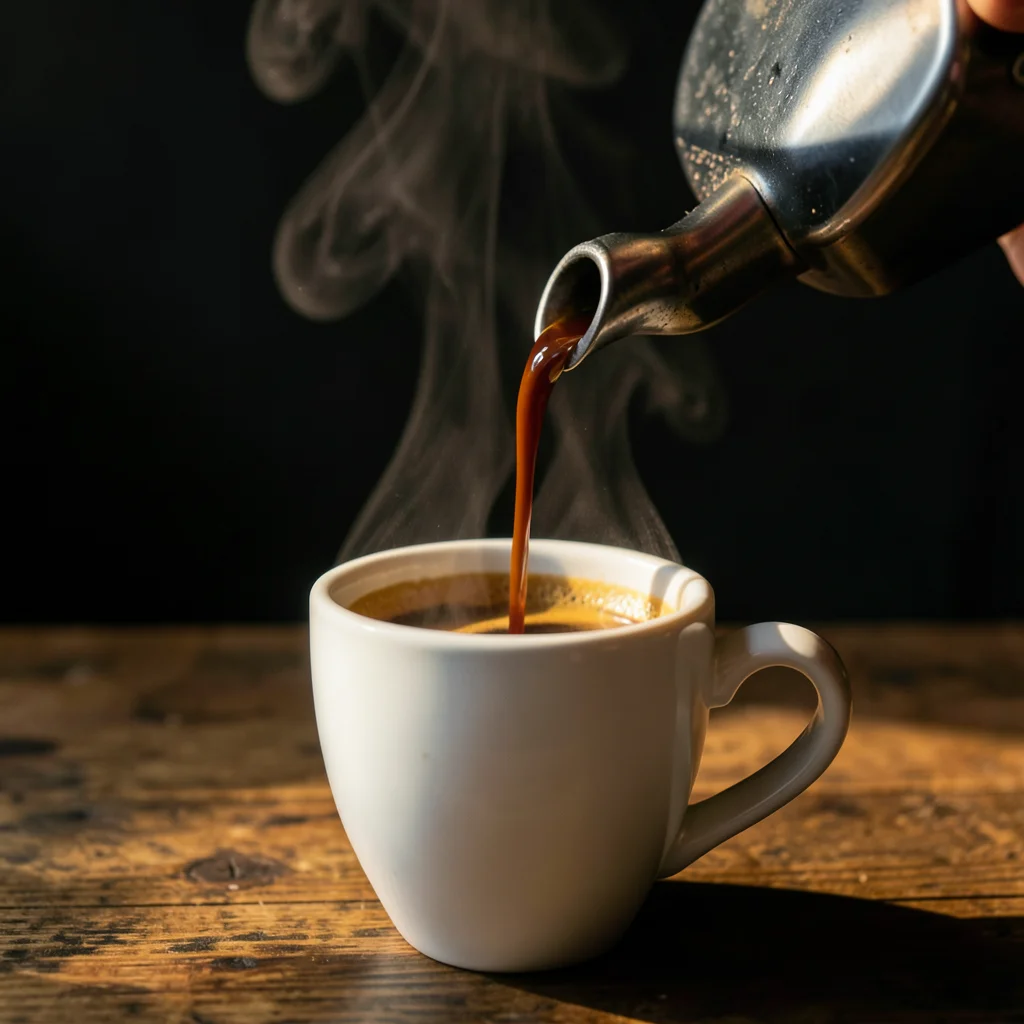 Espresso pouring from a bottomless portafilter into a white ceramic cup, the str