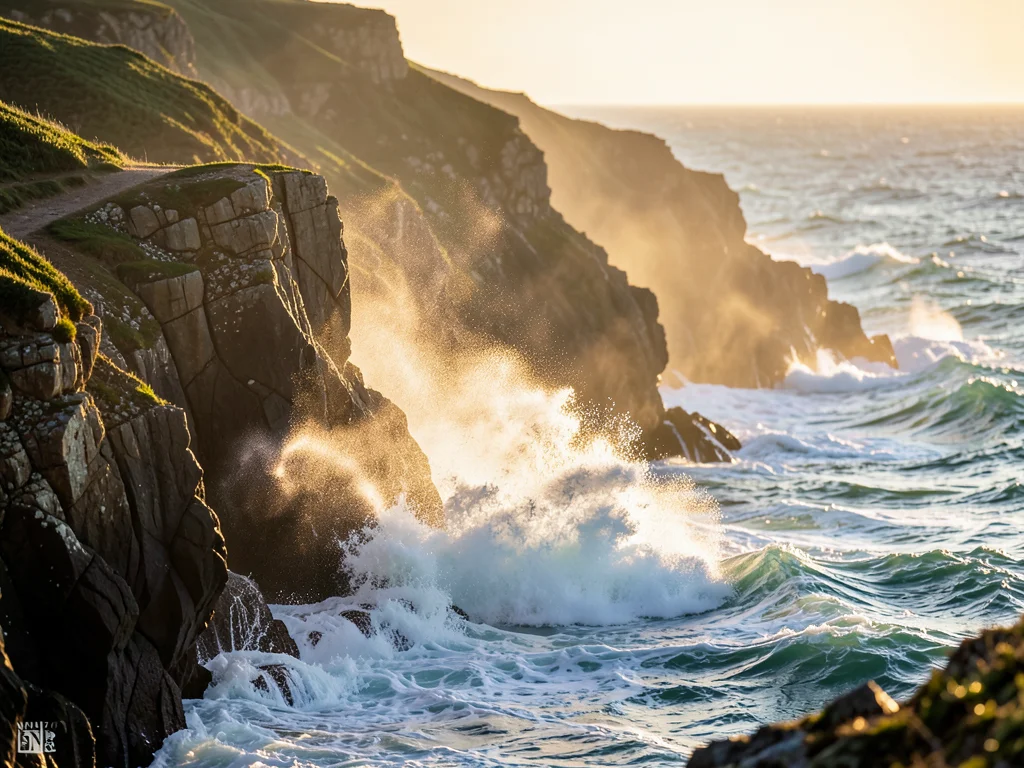 Ocean waves crashing against rugged coastal cliffs, spray catching sunlight