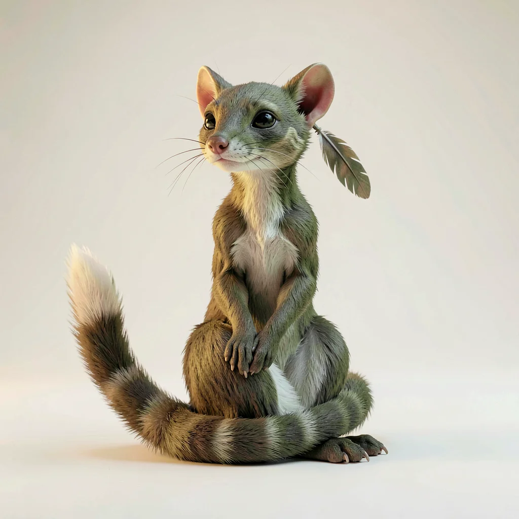 A lithe weasel-courier sitting upright with tail wrapped around its feet, single
