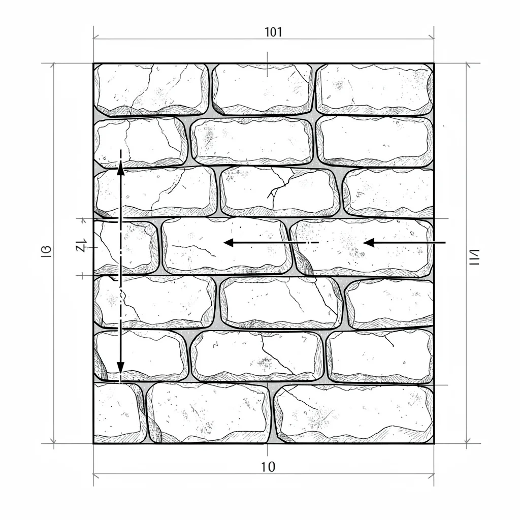 Detail blueprint of a dry-stack wall construction with stone interlock arrows, n