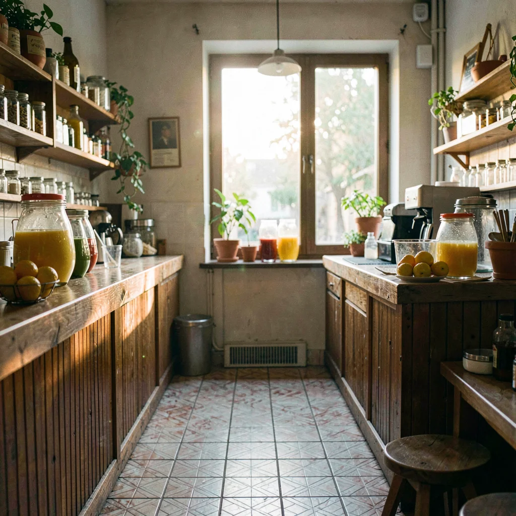 Atmospheric wide of a small juice bar at morning light, tile floor, citrus on th
