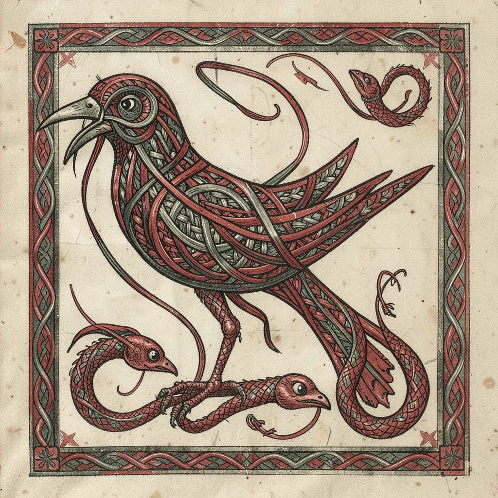 Insular bird figure — stylized bird built from interlaced ribbon forms, beak bit