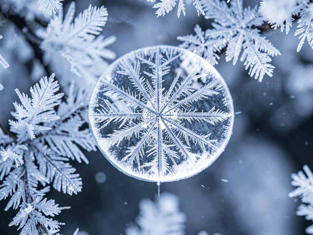 Frozen water droplet showing internal crystal structure