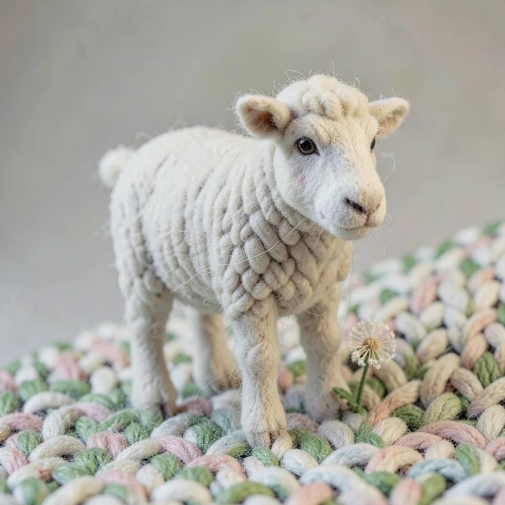 Sheep in felted wool standing alone on a knit hillside with a tiny embroidered d