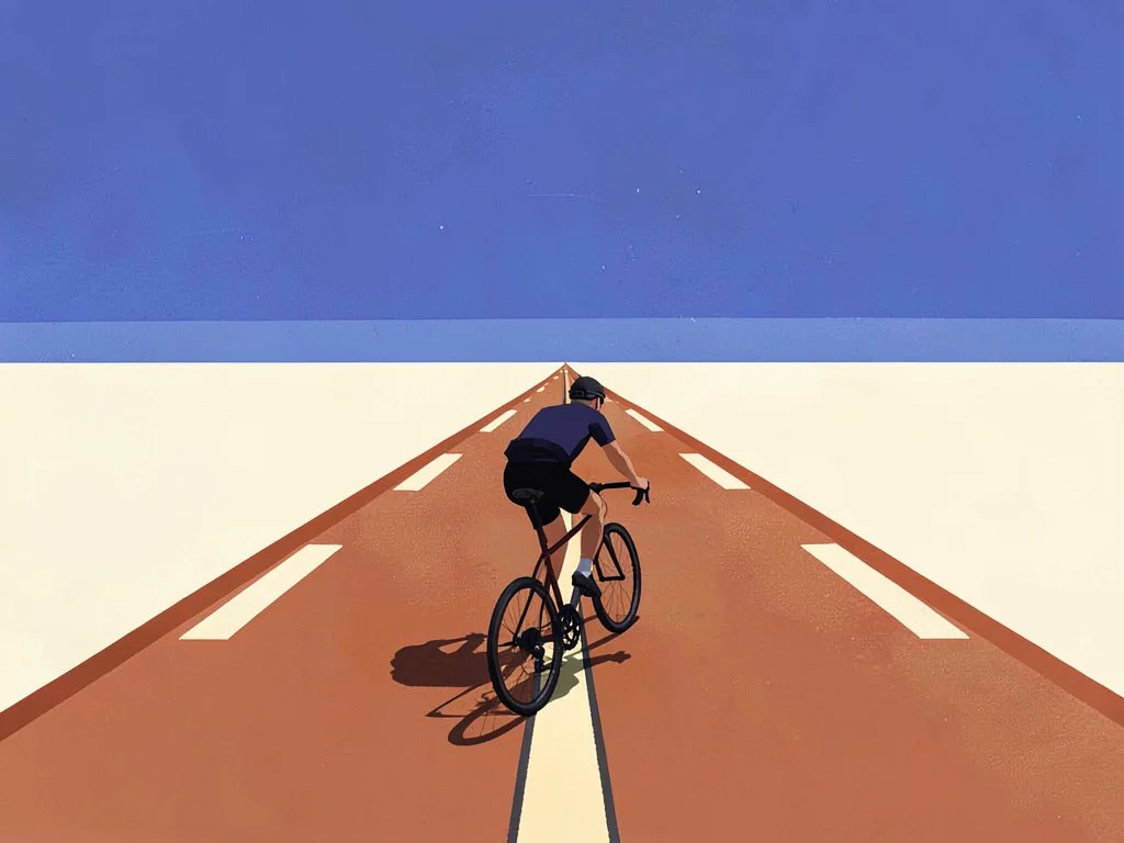 Cyclist tracks along a copper-red road across a vast cream playa under a lapis s