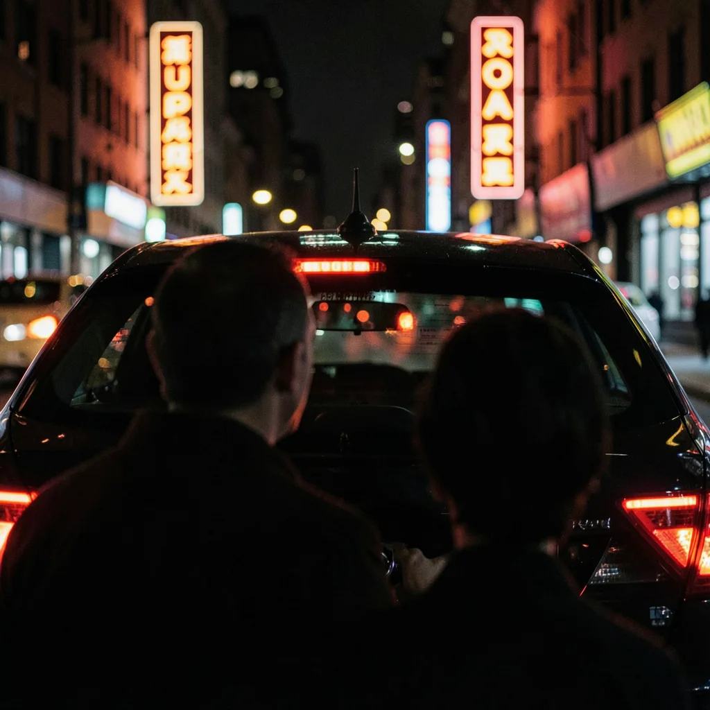 The back of a taxi at night, passenger's face half-lit by passing neon signs in 