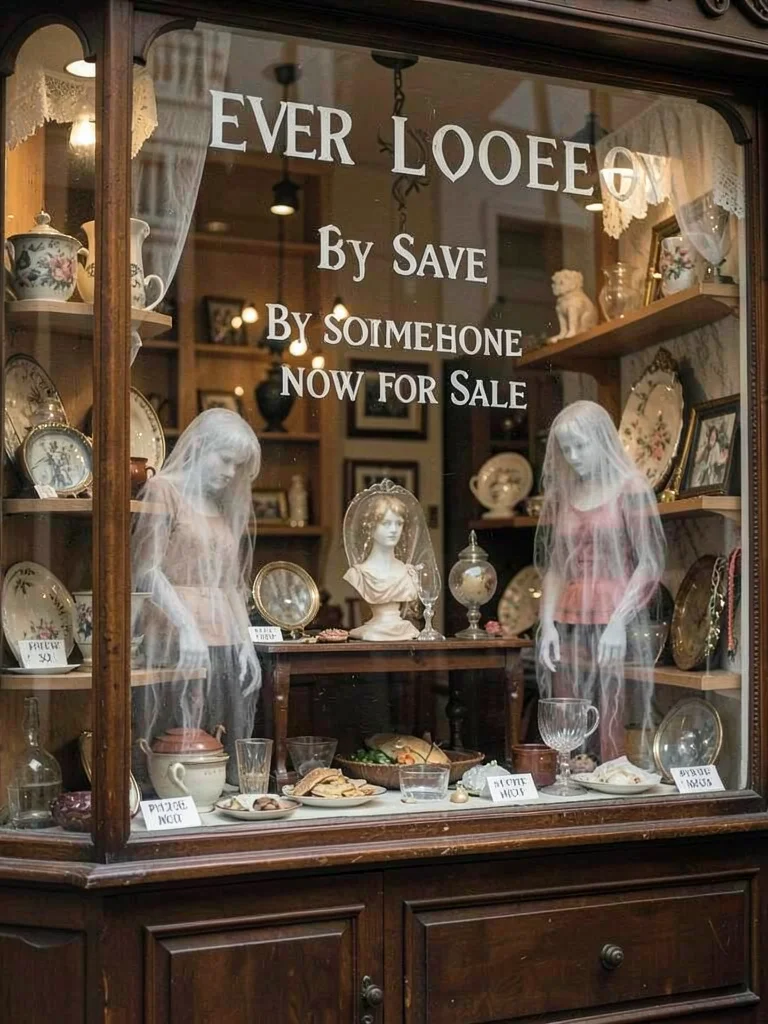 Antique shop window, everything ever loved by someone now for sale, ghosts price