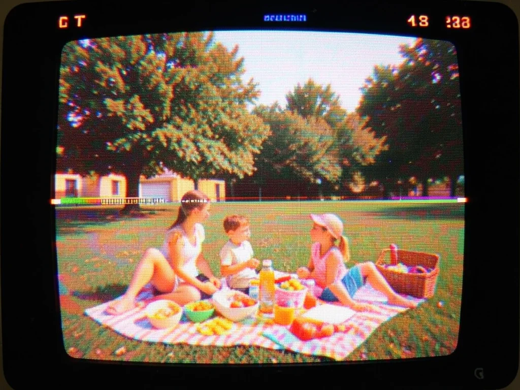VHS-degraded footage of spring picnic scene, tracking lines and warm color shift