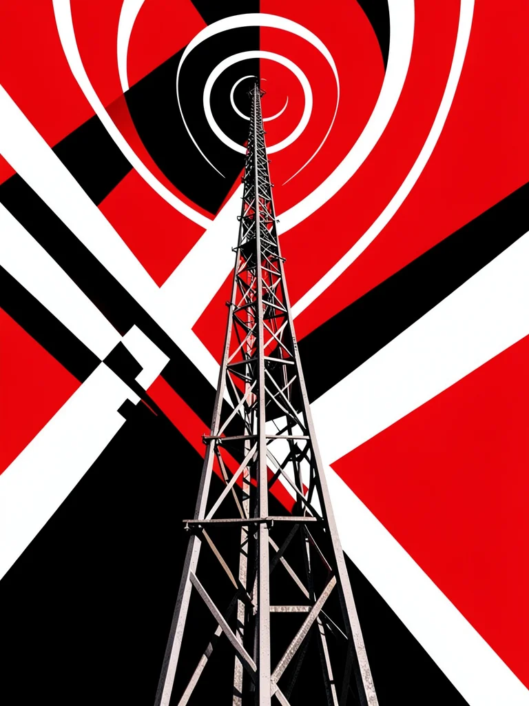 Radio tower rising diagonally, signal arcs radiating outward as bold lines