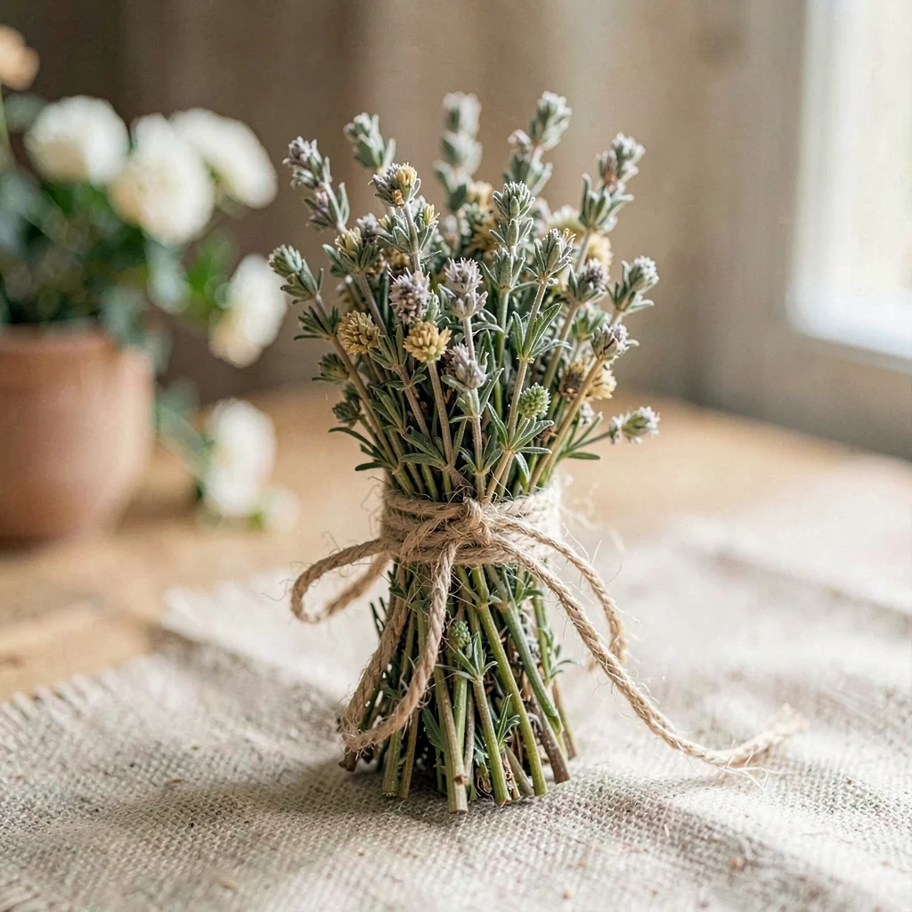 botanical study of a small bundle of dried herbs tied with twine