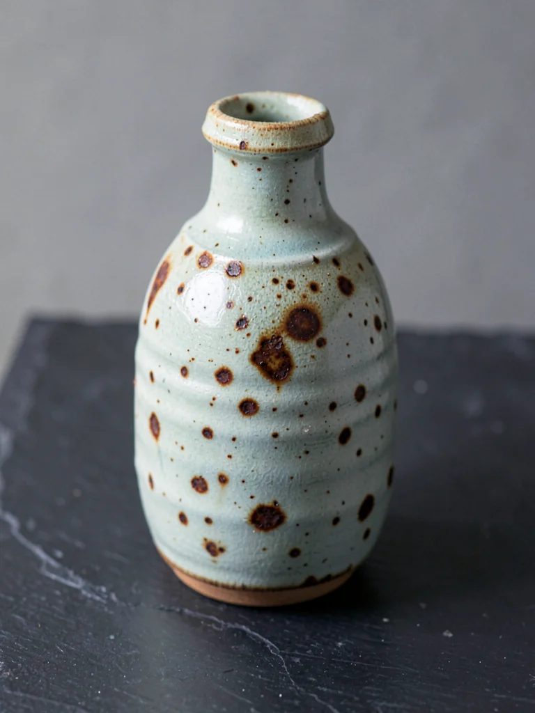 A single oil bottle in shino glaze with rust spots on a dark slate surface