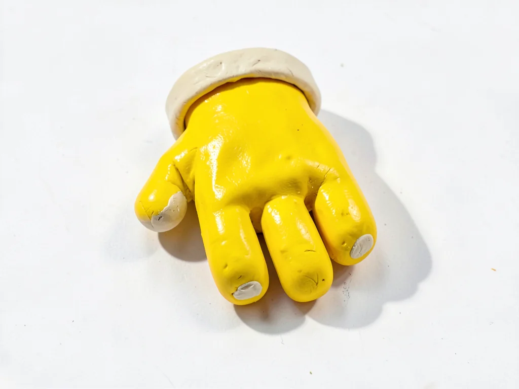 Snug chunky clay glove in primary yellow with stubby cream-toned cuff and oversi