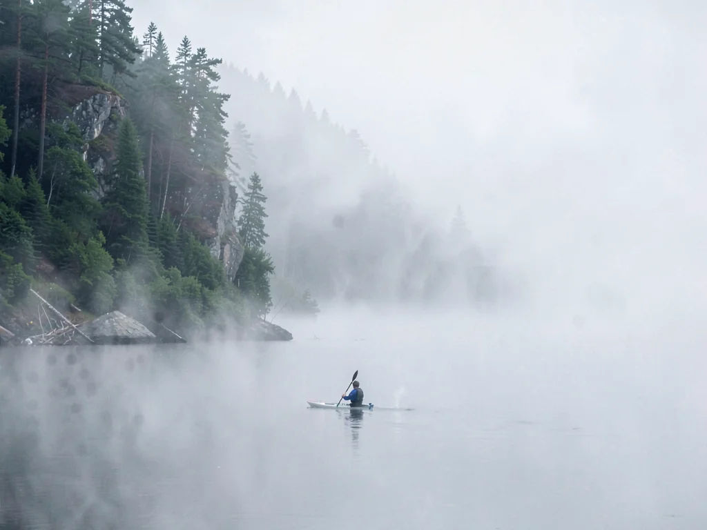Kayaker in mist creating minimalist composition