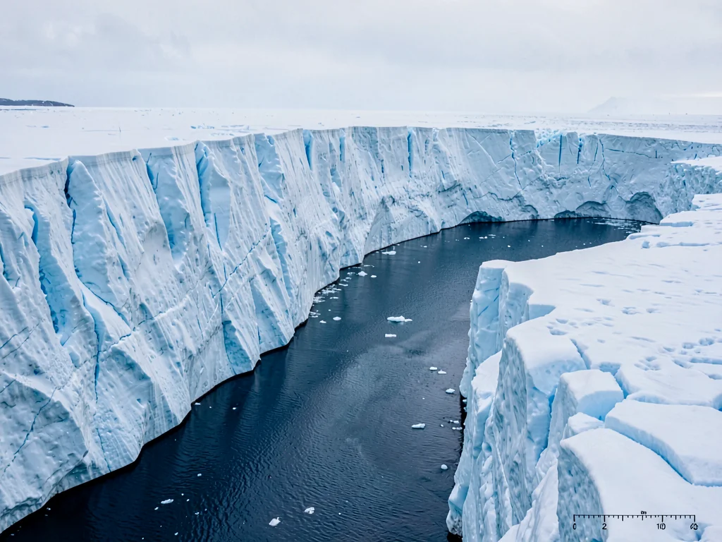Ice cliff meeting water showing scale