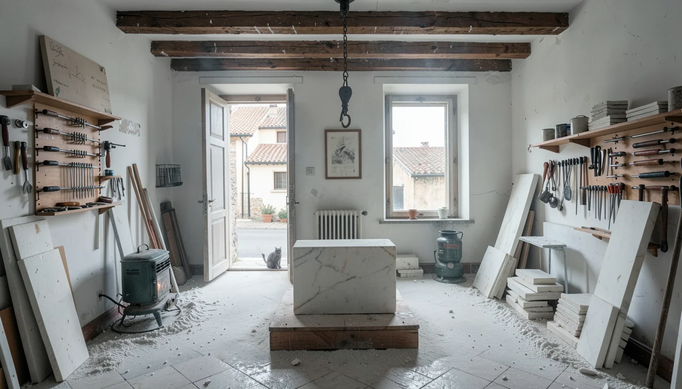 Documentary-style photograph, natural and observed, Italian marble sculptor's wo