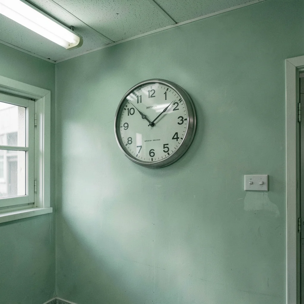 Institutional clock on green wall, time in sterile environment