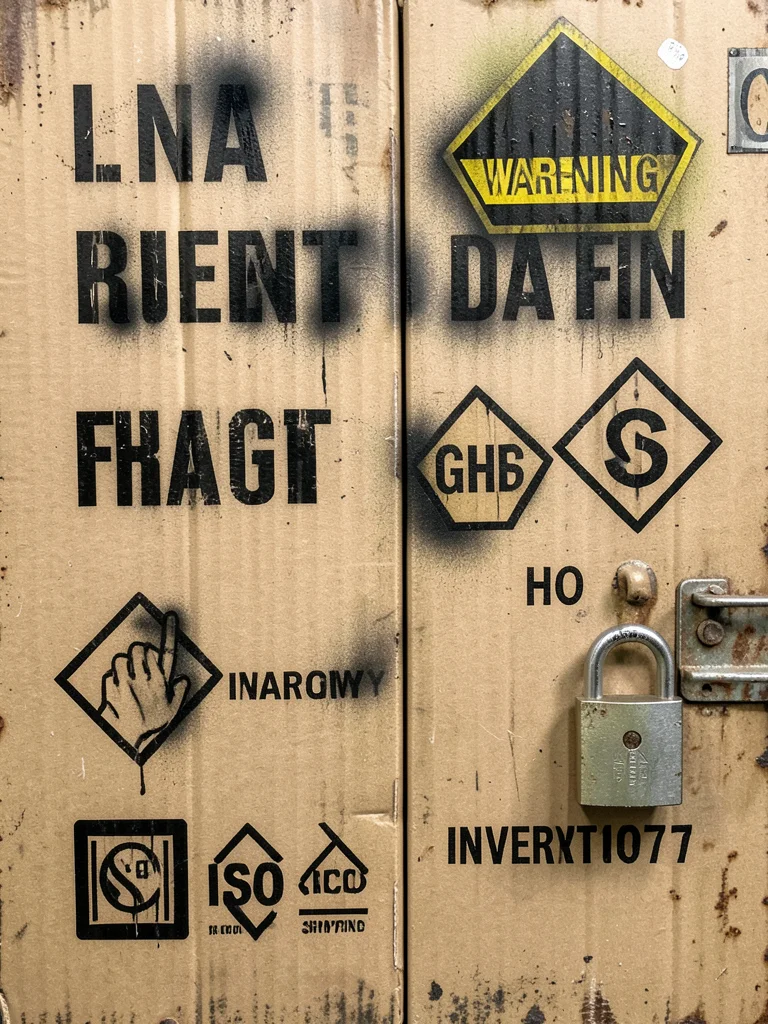 A chemical storage cabinet with yellow WARNING sticker, GHS hazard diamonds, a h