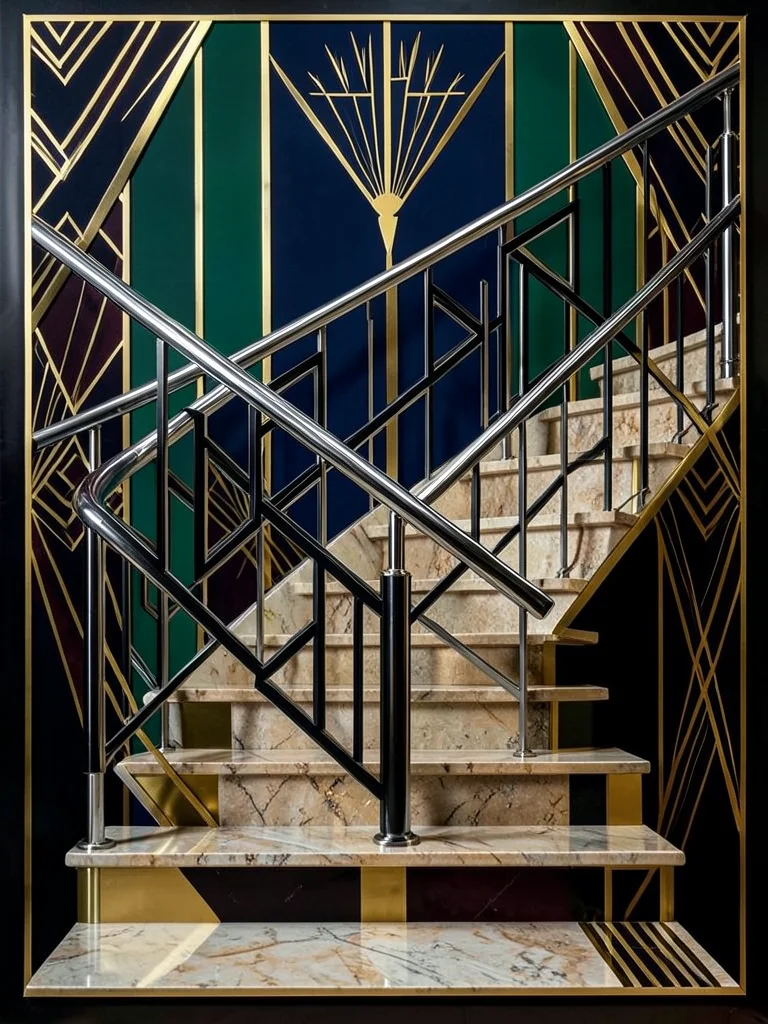 A staircase railing in chrome and black, geometric balusters creating a zigzag p