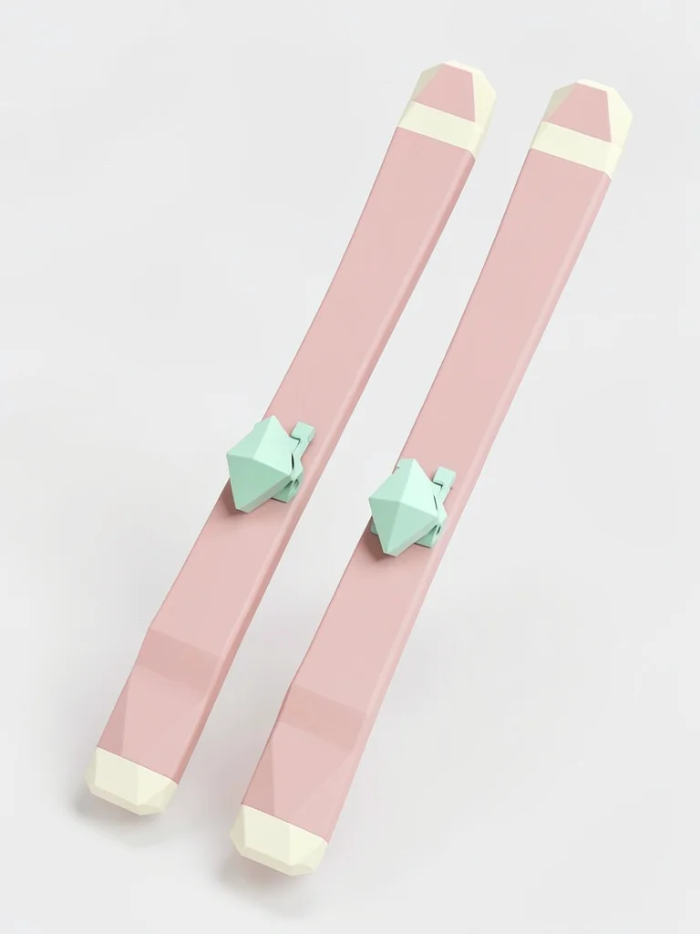 Twin dusty-pink lowpoly skis leaning with chunky cream tips and triangulated min