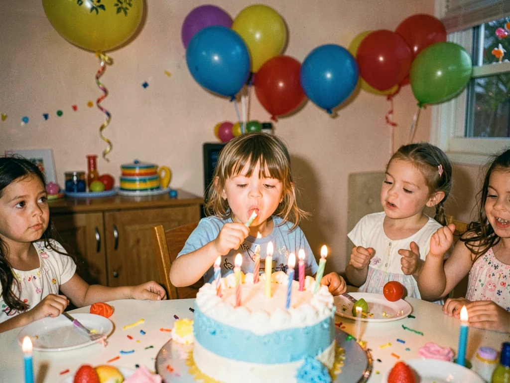 Child's birthday party, candle blow-out moment stretched across time
